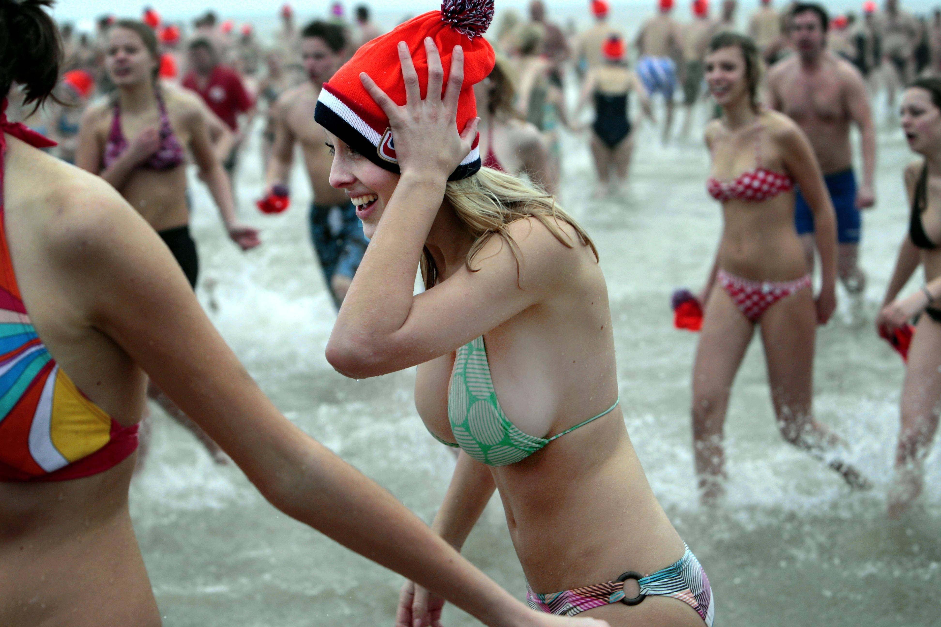 Bikini girls at a crowded beach
